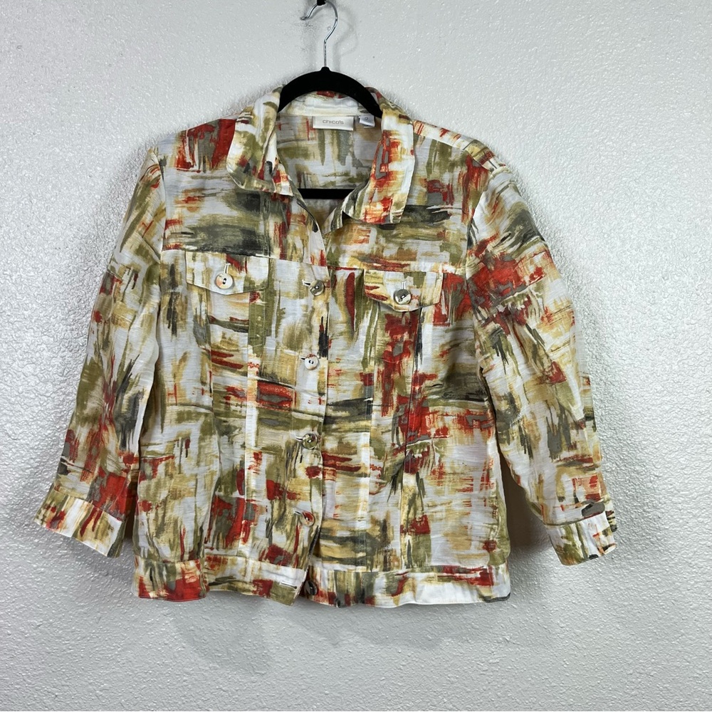 Chicos Button Front Jacket 3/4 Sleeve Abstract 79% Linen Geometric Sz 2 / Large